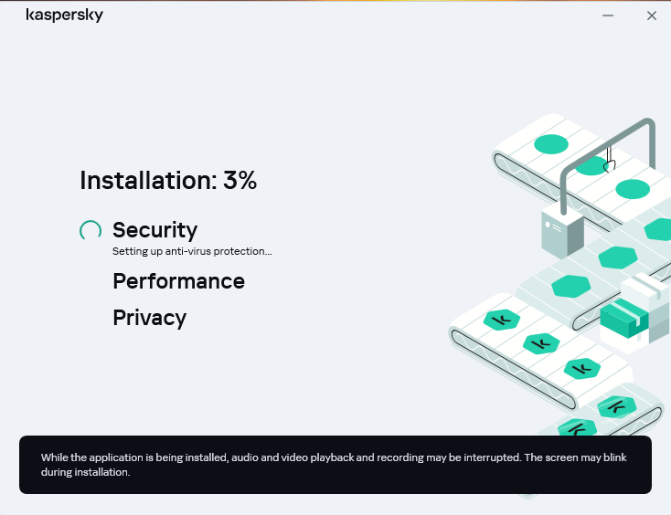 หน้าจอแสดงความคืบหน้าระหว่างติดตั้ง Kaspersky